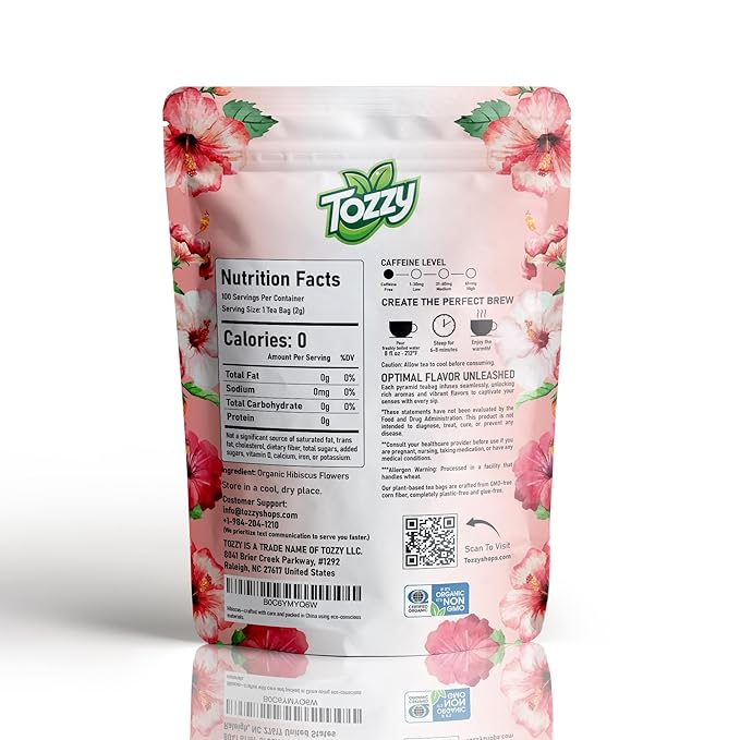 Tozzy Organic Hibiscus Tea – 100 Count, Plant-Based Pyramid Tea Bags