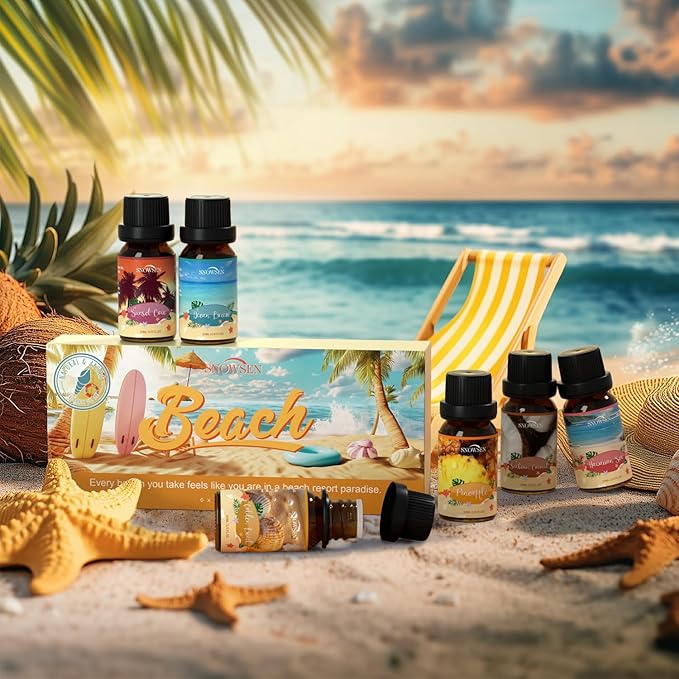 Beach Essential Oils Set, SNOWSEN Fragrance Oil for Diffuser, Candle Making, Soap Making, Spray,Sunbeam Coconut, Pineapple, Ocean Breeze, Sunset Cove, Golden Beach, Hawaiian Sea, Tropical Scented Oil