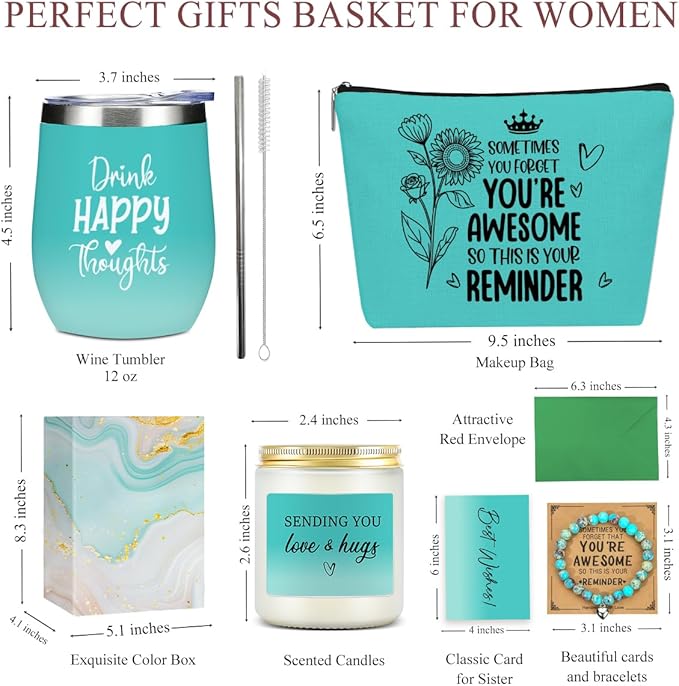 Insparational Self Care Birthday Gifts for Women, Thank You Get Well Soon Thinking of You Gifts for Women, Grandma Friends Sister Christmas Wine Tumbler Makeup Bag Scented Candle Bracelet Basket