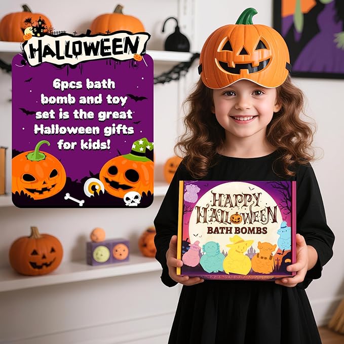 Halloween Bath Bombs for Kids,6 Pack Animals Shapes Pumpkin Bath Bombs with Toys Inside,Basket Stuffers and Hallowen Party Favors for Kids, Boys & Girls