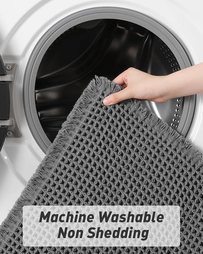 AMOAMI Upgraded Waffle Bath Mat, Super Absorbent Non Slip Bath Mats for Bathroom Floor, Machine Washable Bathroom Rugs with Tassels, Rubber Backed Bathroom Mats, Ultra Soft, 20" x 32", Dark Grey