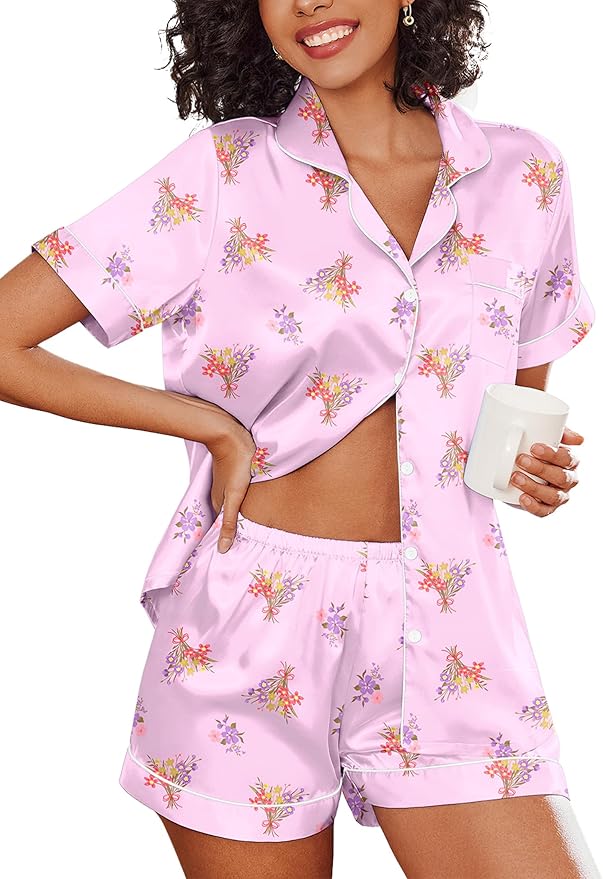 Ekouaer Silk Pajamas for Women Short Sleeve Sleepwear Soft Button Down Loungewear 2 Piece Satin Pjs Shorts Set S-XXL