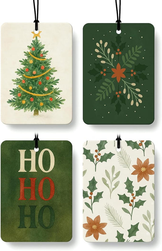 Green Christmas Berry Car Air Freshener 4 Pcs, Rustic Xmas Tree Floral Botanical Hohoho Hanging Air Freshener for Cars Closet Drawer Books, Christmas Car Accessories Mirror Decor for Women