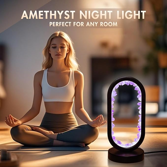 Healing Crystal Night Light,3 Colors Ambient Lighting USB Dimming Healing Crystal Table Lamp,Natural Energy Crystal Decor for Bedroom Home Dating Gift (Purple, Ellipse)