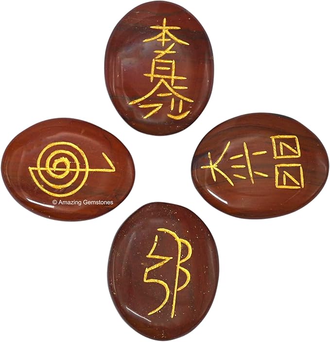 Amazing Gemstone Red Jasper Crystal Reiki Stones with Engraved Symbols for Usui Reiki Healing, Set of 4 Pcs (Indian Handmade Reiki Gift Set)