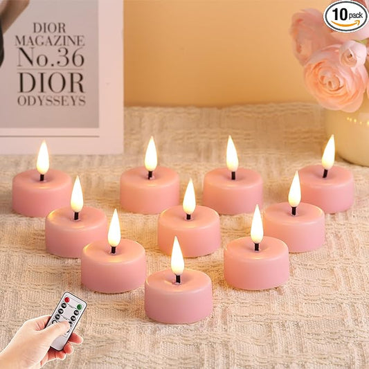 Eywamage Pink Flameless Wax Tealights with Remote Timer, Flickering Colored LED Battery Tea Votive Candles Set of 10