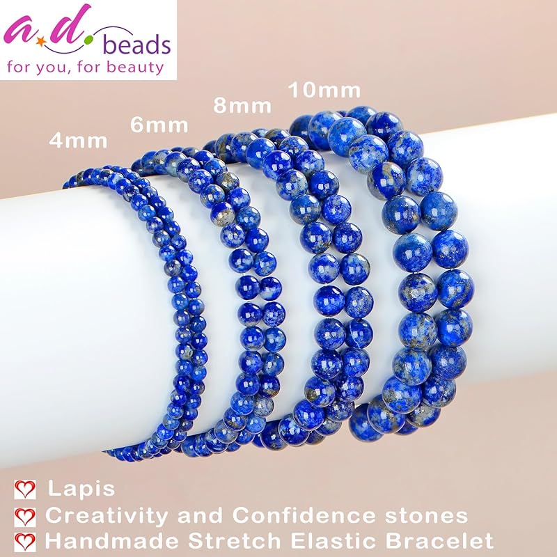 AD Beads Handmade Gemstone Stretch Elastic Bracelet Crystal Healing Reiki Nature's Beauty and Spiritual Essence Unisex (8mm, Lapis Lazuli)