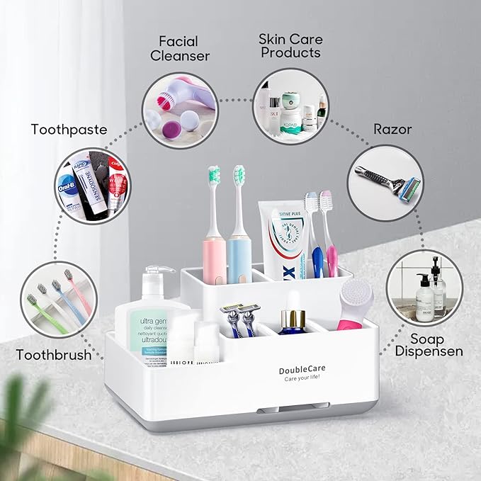Toothbrush Holder with Anti-Slip, Bathroom Organizer Countertop Detachable for Easy Cleaning, Multifunctional Storage, Bathroom Caddy for Toothpaste, Shaver,Great for Home, Vanity Organizer, Office