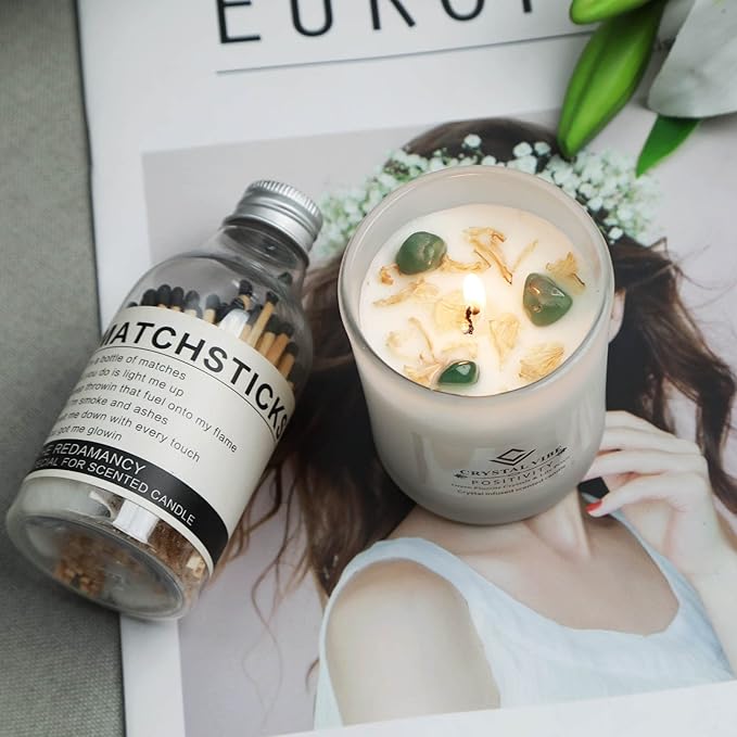 Crystal Vibe Verbena Scented Candle with Green Fluorite Crystals and Lily Petals for Home Decor - Crystal Candle for Positivity - Aromatherapy Candles - Gifts for Christams Birthdays