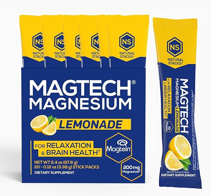 MagTech Magnesium Drink Mix - Sugar Free Lemonade - 3 Forms of Magnesium: Magtein L-Threonate, Glycinate & Taurate - 200mg Chelated Magnesium Complex - Supports Relaxation & Brain Health - 20 Servings