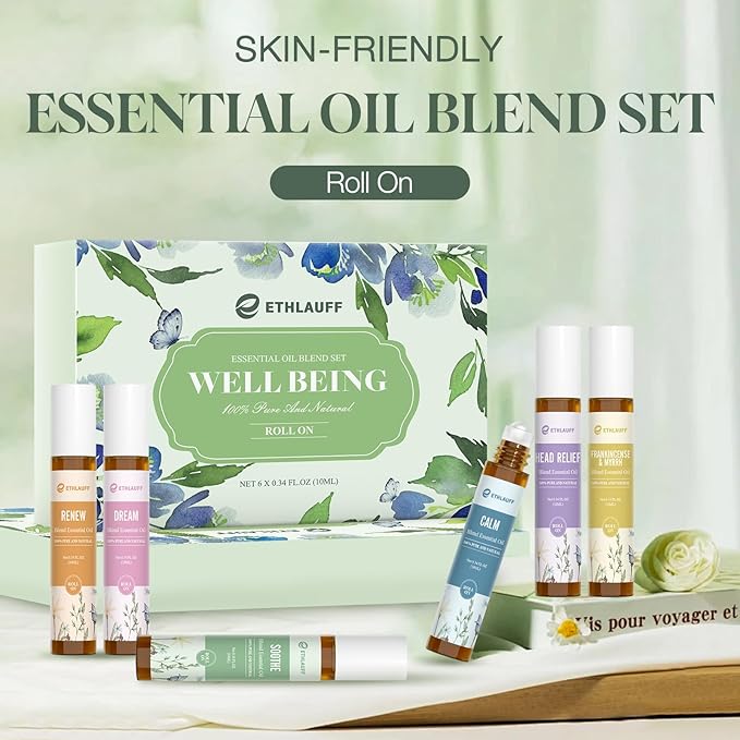 Essential Oil Roll On Set, (Calm,Renew,Dream,Head Relief), Aromatherapy Roll On Blends for Massage, Body Care & Home Use, Stress Relief Gift Men & Women