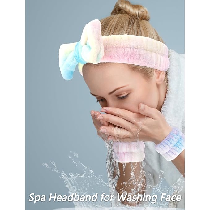 VELSCRUN Spa Headband, Makeup Face Wash Skincare Headbands, 6 Pcs Light Colorful Sponge Bow Tie Get Ready HairBand Facial Wristband Set, Stuff for Teen Girls Women Trendy Fashion Hair Accessories