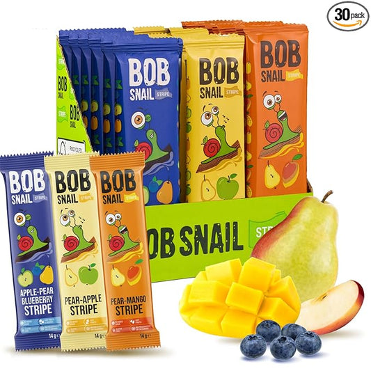 BOB SNAIL Healthy Organic Fruit Snacks for Kids and Adults – 30 Organic Fruit Leather Snacks with Pear & Apple, Blueberry, Mango – Vegan Low-Carb Variety Pack Strips for Kids – Sugar Free Jerky Bars