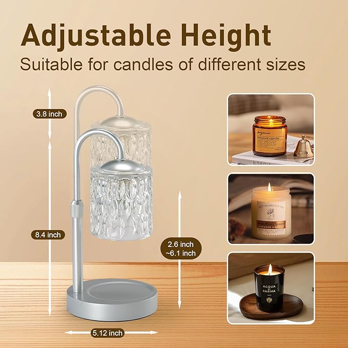 Briever Dimmable Candle Warmer Lamp with Timer, Height Adjustable Electric Candle Wax Warmer, Christmas Birthday Gifts for Women Mom, House Warming Gifts New Home Room Decor, Silver Solid Wood Base