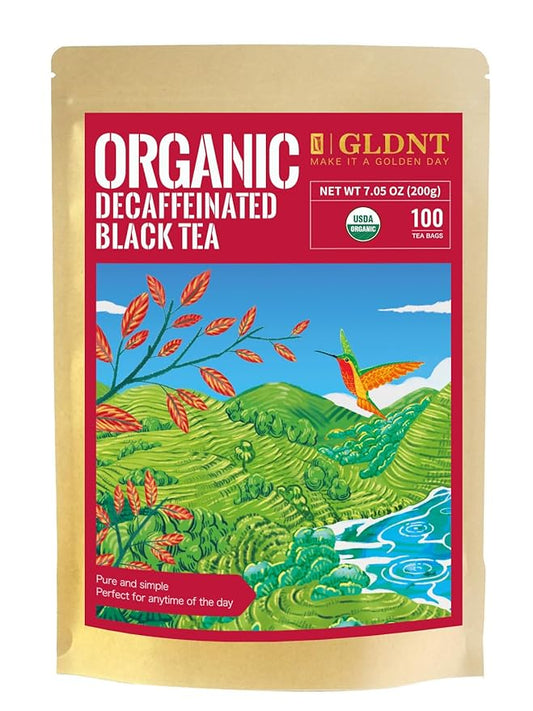 GLDNT Organic Decaf Black Tea Bags, Organic Black Tea Decaffeinated, Smooth Taste, Iced & Hot Tea, 100 Count