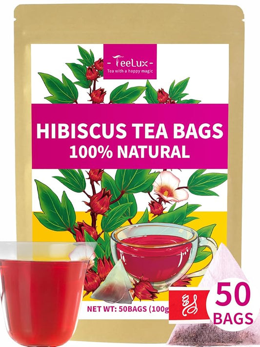 TeeLux Hibiscus Tea Bags, Natural Hibiscus Flowers Herbal Tea, Caffeine Free, Refreshing Tart Flavor, Hot & Iced Tea, 50 Count