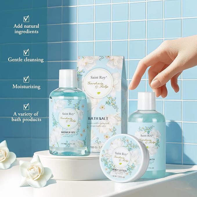 Christmas Gifts for Women bath basket, Spa Gift Baskets for Women, Gardenia Tulip Home Spa Kit with Cosmetic Bag gift woman, Bath & Body Basket Set 8Pcs Bath and Body Gifts Set, Luxury Spa baskets