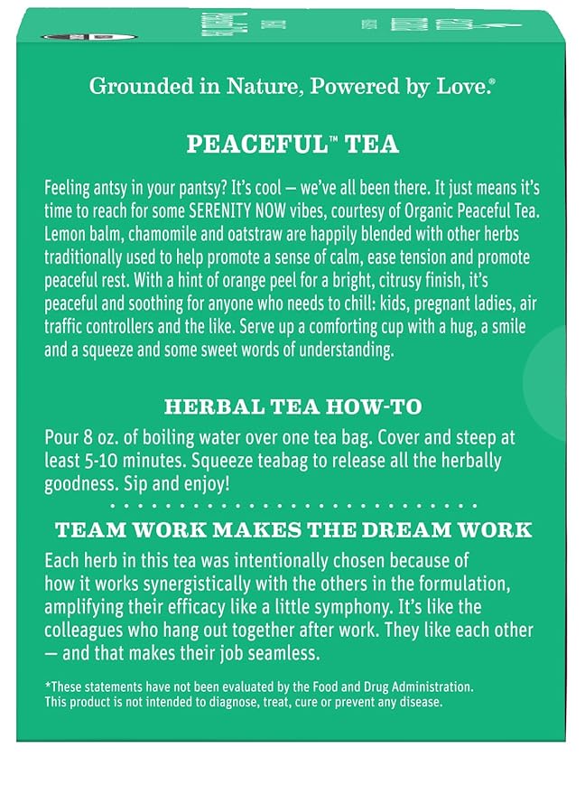 Earth Mama Organic Peaceful™ Tea | Stress Less! Calming, Relaxing Herbal Blend Safe for Pregnancy & Beyond, 16 Teabags Per Box (6-Pack)