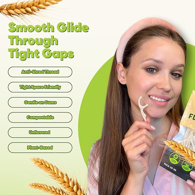 Dental Floss Picks - Straw Wheat Flossers | Thin & Shred-Resistant Thread for Tight Gaps | Flossers for Adults | Gentle on Gums & Teeth | Vegan (100 Pack, Unflavored)