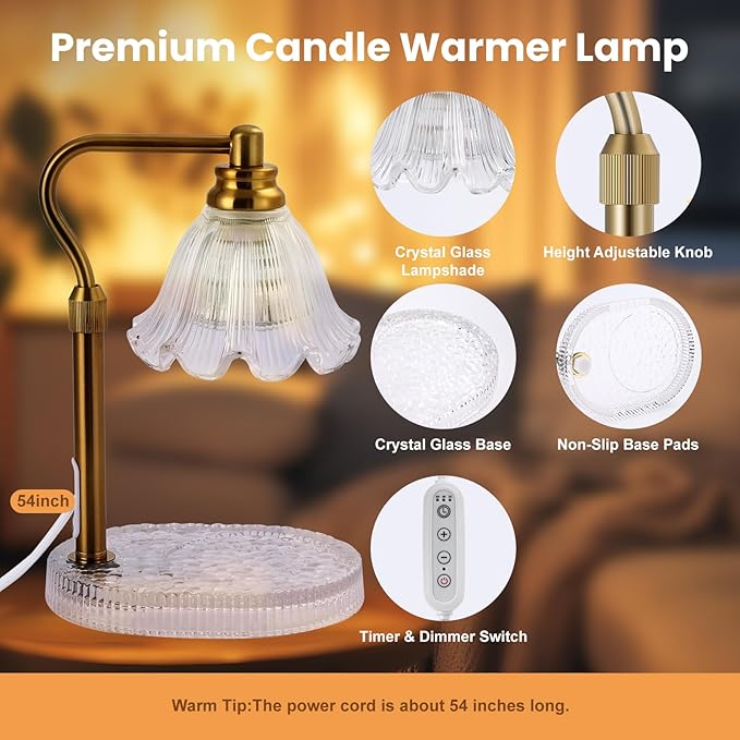Candle Warmer Lamp with Timer,Electric Candle Warmer,Glass Base with Anti Slip Pads,Dimmable,Adjustable Height,Wax Warmer Lamp,Glass Lampshade,Vintage Home Decor (Flower)