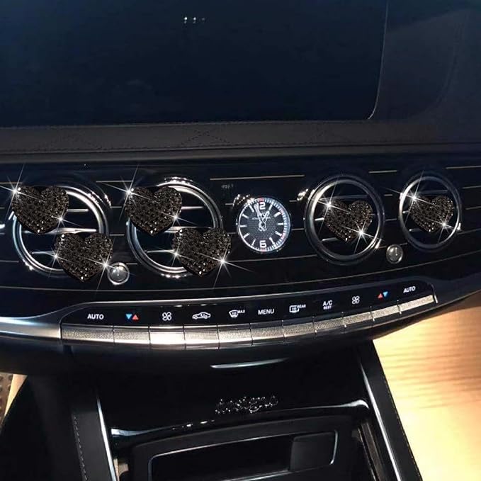 6 Pcs Heart-Shaped Crystal Diamond Air Vent Clip, Heart-Shaped Bling Charms Crystal Car Freshening Diffuser, Car Bling Interior Decorative Accessories for Women (Black)