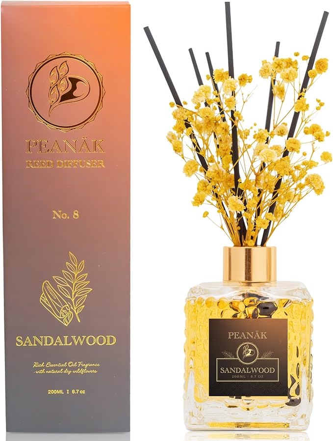 Reed Diffuser Set - Sandalwood Orange Oil, Oil Diffuser Sticks, Bathroom Diffuser, Bathroom Decor, 200ml with Preserved Flowers - PEANÄK