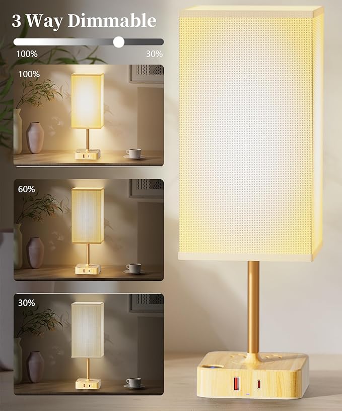 cozoo USB Bedside Table Desk Lamp with 2 USB Charging Ports and 2 AC Outlets,Dimmable Nightstand Lamp with Charger Base White Fabric Shade, LED Light Lamp for Bedroom/Nightstand/Living Room