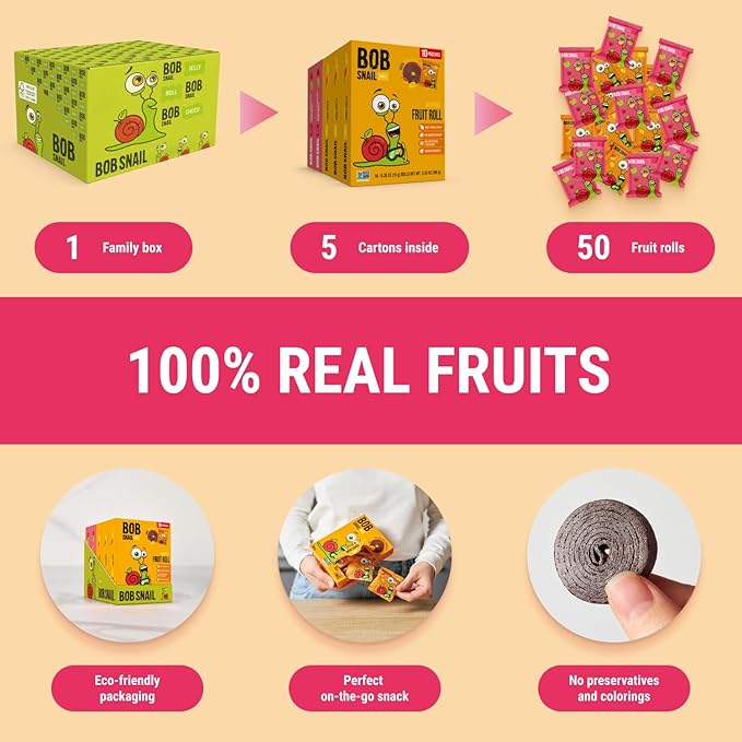 Bob Snail Exotic Mix Fruit Roll Ups – Healthy Sweets, Real Dried Fruits Snacks, No Added Sugar, Vegan, Nut Free, Candy for Adults and Kids – Flavour 50 pcs, 500g (Mango & Strawberry)