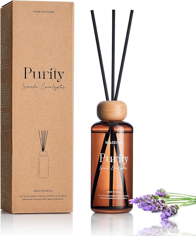 M&SENSE Lavender Eucalyptus Reed Diffuser: 6.3 fl oz Non-Toxic Aroma Set with Sticks, Light & Subtle Fragrance, Long-Lasting Natural Essential Oil Gifts for Bedroom, Shelf Decor & Small Spaces