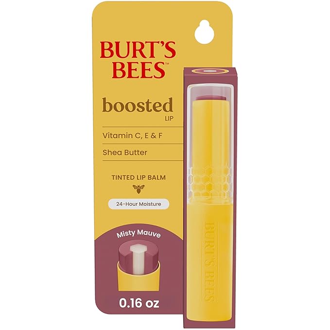Burt’s Bees Stocking Stuffers Tinted Boosted Balm, Misty Mauve, Hydrating Tinted Lip Balm, 24 Hour Lip Moisturizer with Responsibly Sourced Beeswax, 100% Natural Origin, 1 Count, 0.16oz