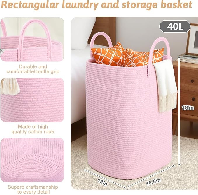 Laundry Basket,Woven Cotton Rope Laundry Hamper,40L Versatile Storage for Dirty Clothes,Baby Toys,and Blankets in Bathroom, Nursery,and Living Room
