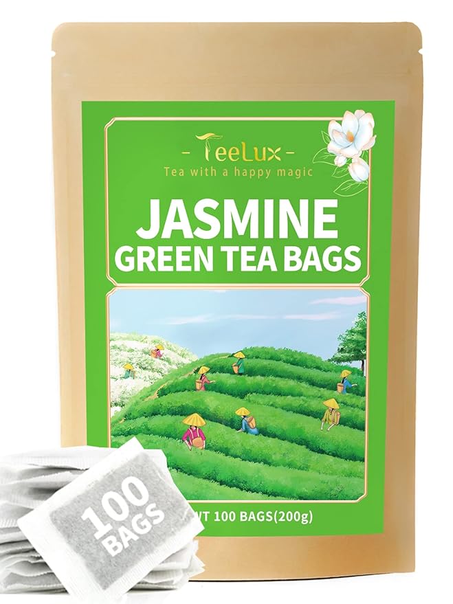 TeeLux Jasmine Green Tea Bags, Natural Caffeinated Jasmine Scented Green Tea with Pleasant Aroma, 100 Count Tea Bags