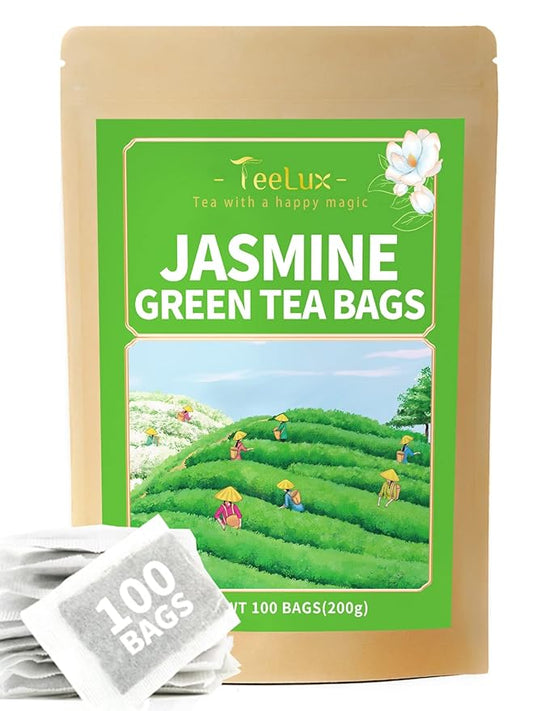 TeeLux Jasmine Green Tea Bags, Natural Caffeinated Jasmine Scented Green Tea with Pleasant Aroma, 100 Count Tea Bags