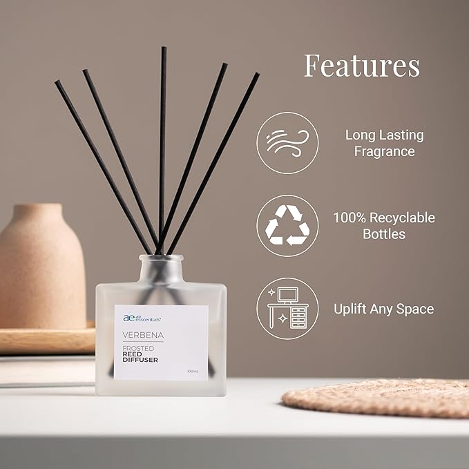 Air Esscentials Frosted Verbena Reed Diffuser Set - Decorative Fragrance Diffuser & Oil for Bathroom & Home | Long-Lasting Aroma | Natural Scent Sticks | Essential Oils & Botanicals| 100mL