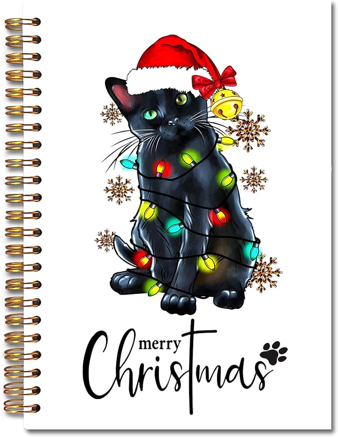 Exqcom Christmas Black Cat Spiral Notebook Gifts, Black Cat Gifts, Merry Christmas Journal for Women, Winter Holiday Funny Kitty Hardcover Notebook Journal Office School Supplies, 5.5x8.3 Inch