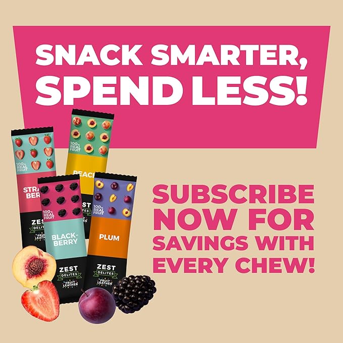 Fruit Snacks by Zest Delites, Fruit Leather, Healthy Snacks for Adults & Kids, Vegan Apple-Based Strips, Dried Strawberry-Peach-Blackberry-Plum Bars, 0.88 oz x 36