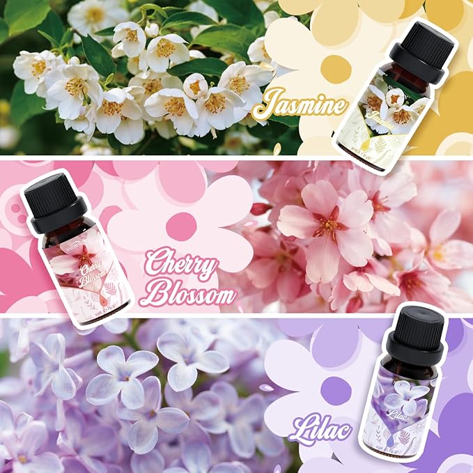 Floral Essential Oil Set, Premium Essential Oils for Diffusers for Home, Includes Lilac, Freesia, Jasmine, Cherry Blossom, Rose and Lavender Candle Scents for Candle Making, DIY Soaps,Cleaning