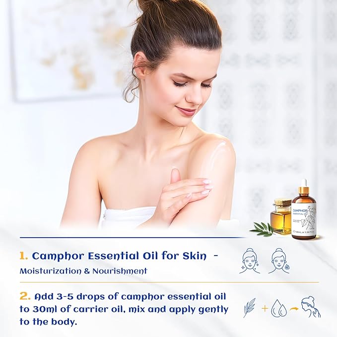 HIQILI 100ML Camphor Essential Oil Pure, 100% Undiluted for Skin, Diffuser, Aromatherapy - 3.38 Fl Oz