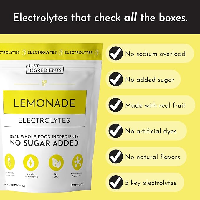 JUST INGREDIENTS Lemonade Electrolytes Drink Mix - Coconut Water, Sea Salt, Trace Minerals - 30 Servings