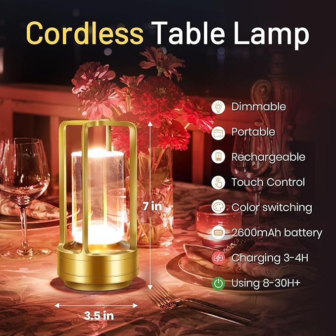 Crystal Lantern Light, Czgor Battery Operated Rechargeable Cordless Crystal Table Lantern Lamp with 3-Color, Portable Small LED Desk Lamp for Indoor/Outdoor Patio Camping Bedroom Bar Restaurant(Gold)