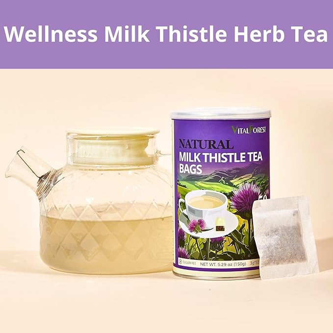 50 Milk Thistle Tea Bags, 3g/Bags, VitalForest Roasted Milk Thistle Seeds Herb Tea, Natural Dried Thistle Tea for Liver Detox Cleanse and Support, Caffeine Free, Non-GMO