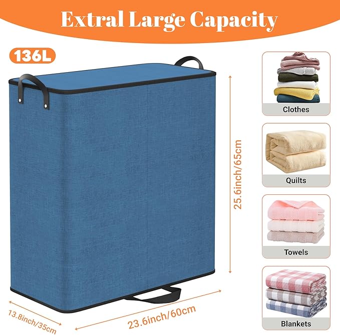 Large Double Laundry Hamper with Lid, Removable Bags & Reinforced Handles, 2 Section Tall Laundry Basket, Dirty Clothes Hampers for Laundry Room, Bedroom, Bathroom, Dorm, 136L, Blue