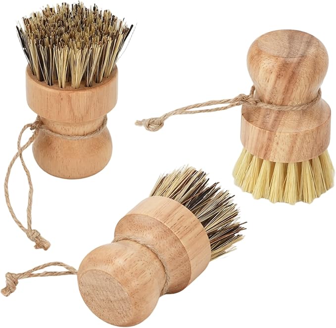 3 Pack Wood Dish Brush Set, Wood Scrub Brush for Dishes with Natural Sisal Bristles for Cleaning Pots, Pans and Vegetables