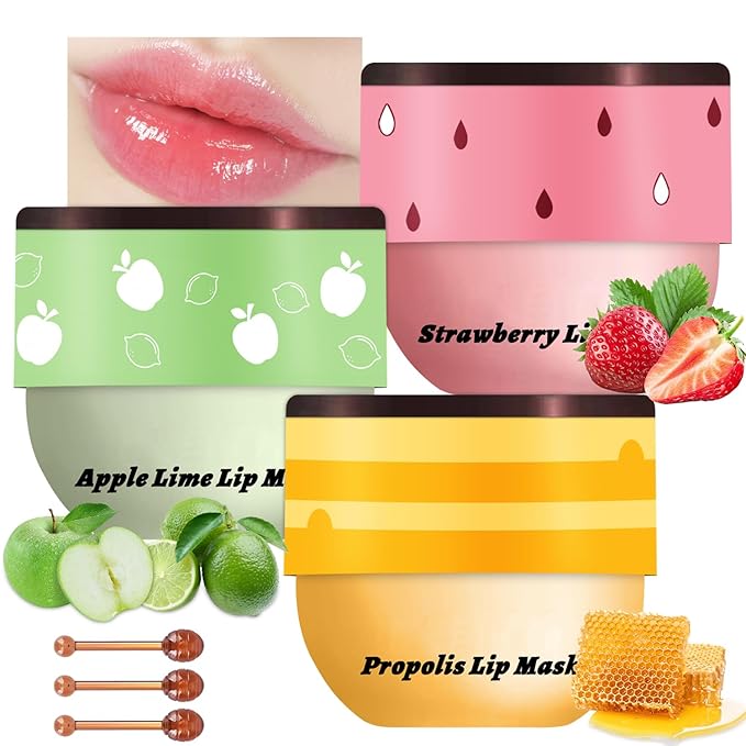 3 PCS Bee Honey Pot Lip Balm & Mask Set A - Strawberry, Apple Lime, Propolis - Moisturizing, Hydrating, Wrinkle Care