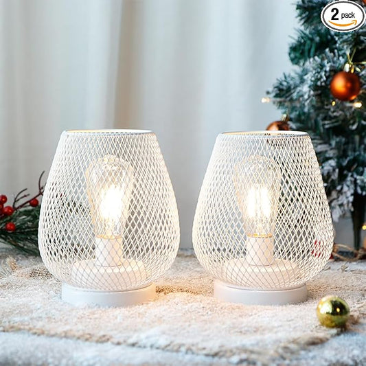 JHY DESIGN Set of 2 Metal Cage LED Lanterns Battery Powered Cordless Accent Light with LED Great for Weddings Parties Patio Events for Indoors Outdoors(White)