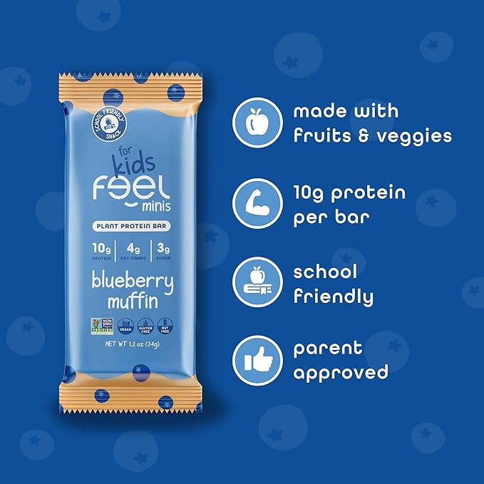 Feel Bar Minis – Kids Protein Bars | Blueberry Muffin | 10g Plant Protein | 100 Calories | No Added Sugar | + Daily Veggies | Gluten Free, No Nuts, No Soy, No Dairy, No Grains (12 Pack)
