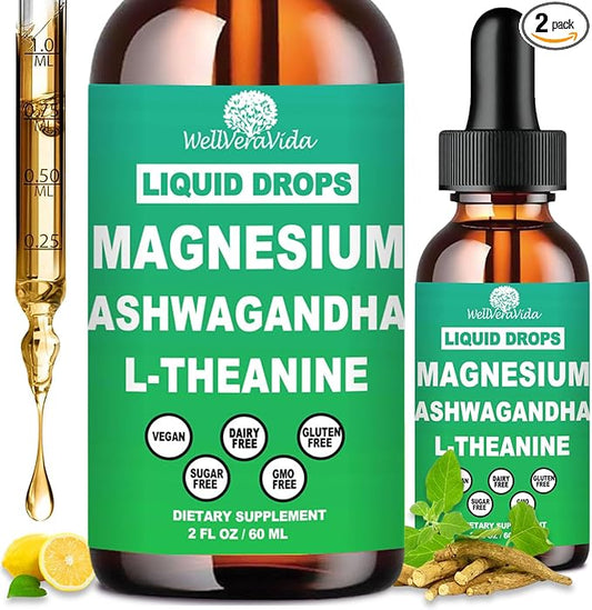 2 Pack Cortisol Supplement w. Magnesium L Theanine Ksm-66 Ashwagandha Vitamin K2 B6 D 3 Supplement, Liquid Magnesium for Cortisol Reduce Detox Manager, Calm Relaxation & Balanced Hormone