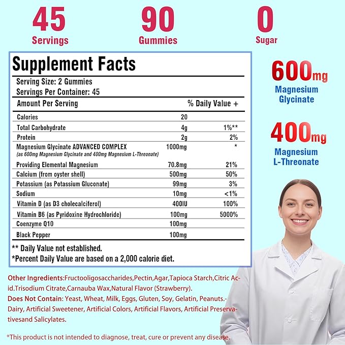 Magnesium Glycinate Gummies for Adults & Kids, 1000mg High Absorption Magnesium Complex Supplement, Sugar Free with Potassium,Vitamins for Calm, Sleep Supprt, Stress Relief, 90 Counts