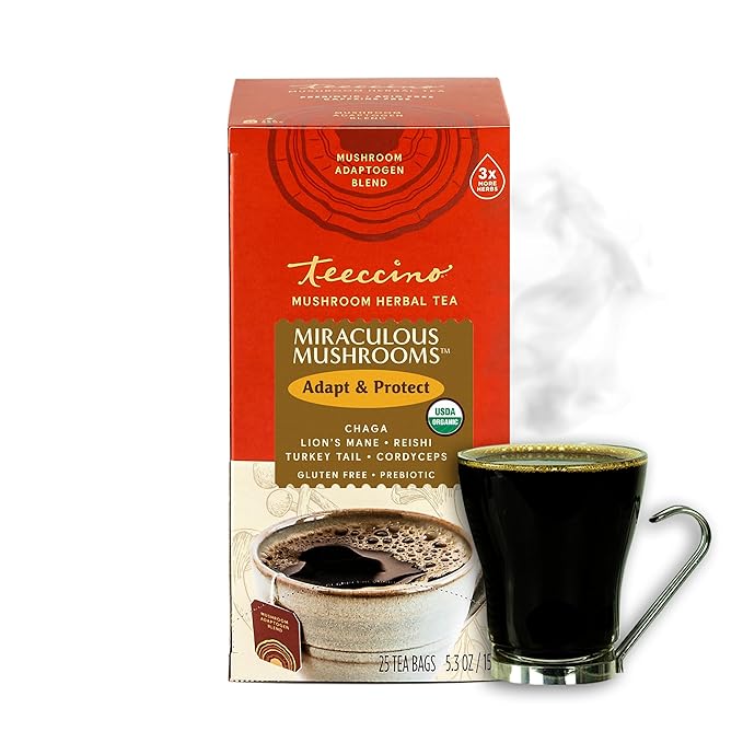 Teeccino Miraculous Mushrooms Adapt & Protect Herbal Tea By Teeccino, 25 Tea Bags - Five Organic Adaptogenic Mushrooms with Chicory & Cacao, 3x More Herbs than Regular Tea Bags, Caffeine Free, Prebiotic