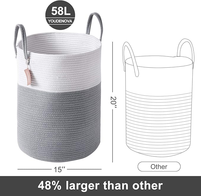 Cotton Rope Laundry Hamper by YOUDENOVA, 58L - Woven Collapsible Laundry Basket - Clothes Storage Basket for Blankets, Laundry Room Organizing, Bedroom Storage, Clothes Hamper – Grey